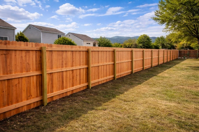 Sunny suburban backyard with cedar fence